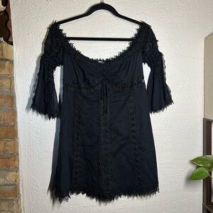 Charo Ruiz Black Smocked Lace-Trim Top